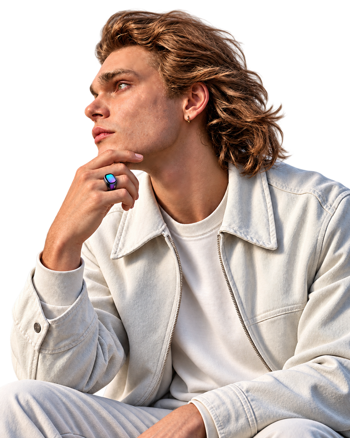 Thoughtful man in an off-white jacket wearing a purple Soliman Ring